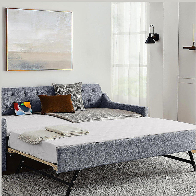Twin Size Upholstery DayBed with Trundle and USB Charging, Gray