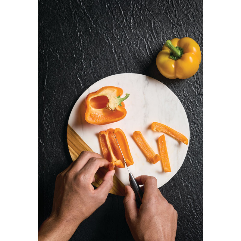 Anolon Pantryware White Marble and Teakwood Round Cutting and Serving Board, 10-Inch
