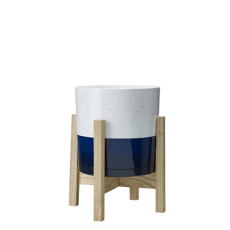 Henrietta Pot Planter with Wood Stand and Attached Saucer