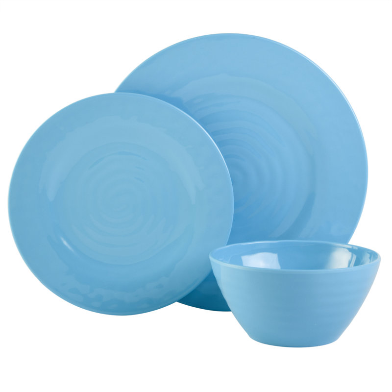 Ensemble de vaisselle en mélamine 12 pièces Gibson Home Brist, 4 couleurs assorties, Bleu / Sarcelle / Gris