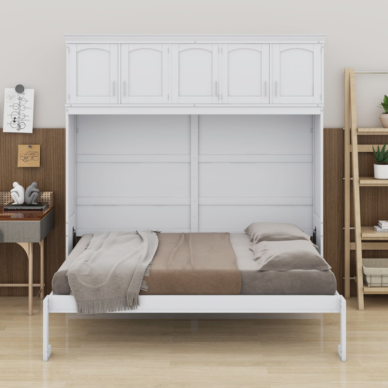 Lit escamotable mural avec armoires supérieures Murphy, Lit double, blanc