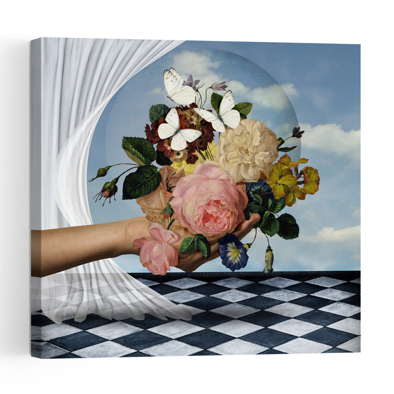 Impression d'art mural onirique et romantique, papillon, rose, nature, féerique et romantique, H 48 po x l 48 po