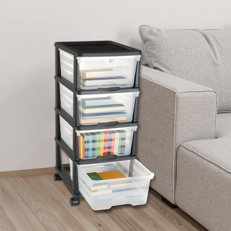 Chariot de rangement en plastique avec 4 tiroirs et roulettes