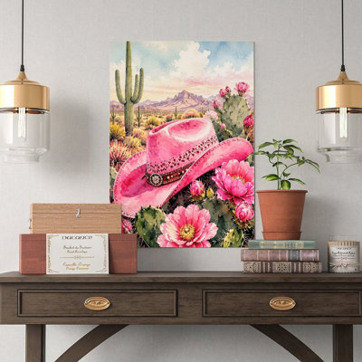 Canvas Wall Art Pink Cowboy Hat Desert Cactus Flower Art Print Vintage Poster Print Home Decor