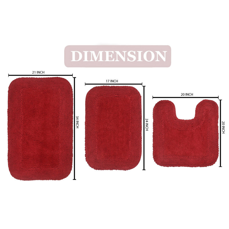 Aceyon Plush Cotton 3 Piece Bath Rug Set, Red