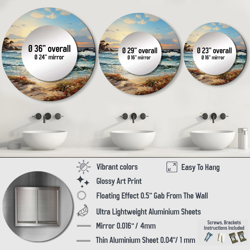 Beach Sand Euphoria III - Beach Sand Wall Mirror, Teal Round Decorative Mirror, Printed Metal Art, 23" x 23"