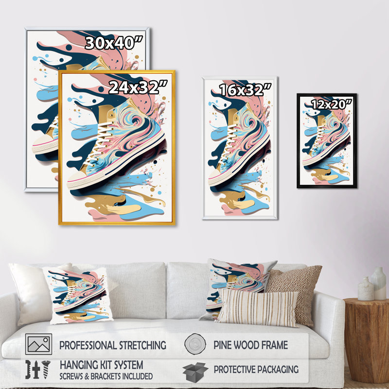 Chaussure de tennis rose et bleue Art Deco - impression sur toile, H 32 po x l 24 po x P 1 po, Toile avec cadre flottant noir