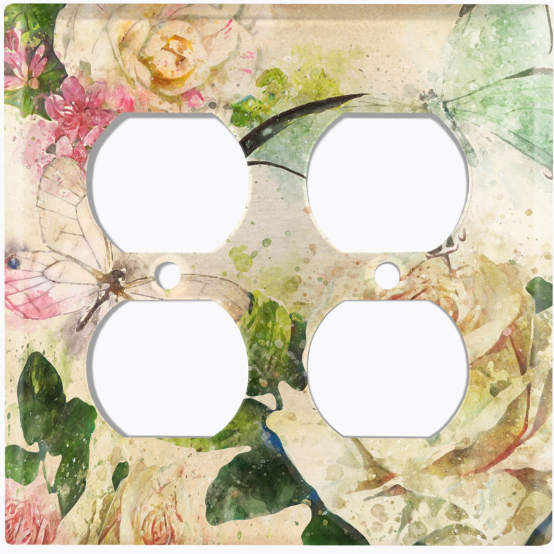 Plaque de prise murale à motif en métal à motif d'interrupteur de lumière (fleur blanc rose mauve - double)