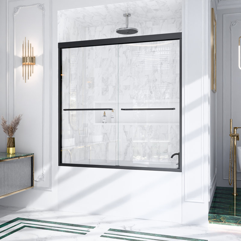 Porte de douche coulissante double semi-sans cadre Aether avec verre de sécurité trempé et cadre en aluminium, Noir mat