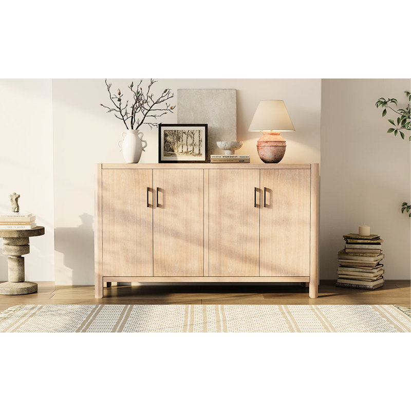 Armoire rustique à 4 portes avec placage en bois véritable, coins arrondis doux, poignées raffinées, grand espace de rangement dissimulé pour une utilisation résidentielle et fonction de fermeture en douceur, espace
