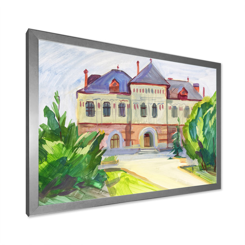 Paysage, château français - reproduction sur toile, H 8 po x l 12 po x P 1 po, Cadre de coin argenté fermé