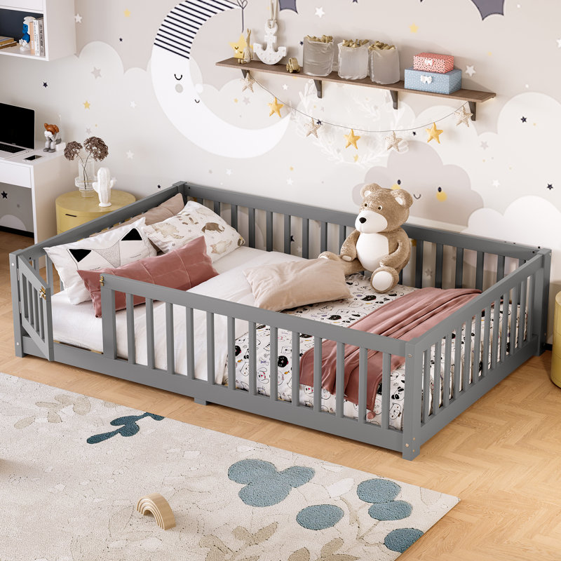 Floor Platform Bed with Fence, Grey, Full