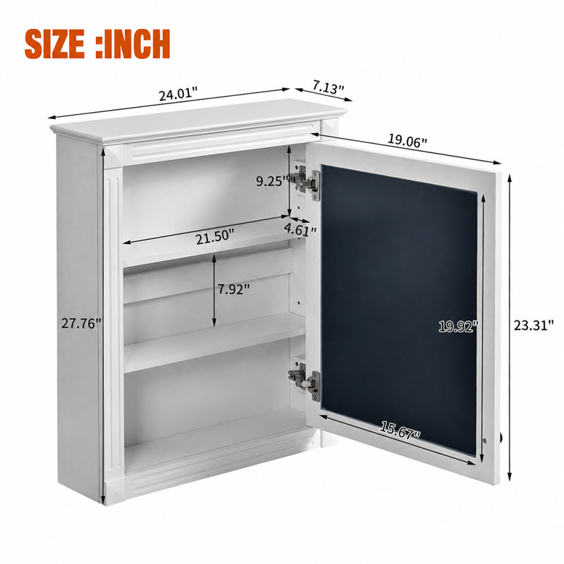 Armoire à pharmacie rectangulaire avec miroir et tablettes réglables blanches H 24 po x H 27 po Heritage, White