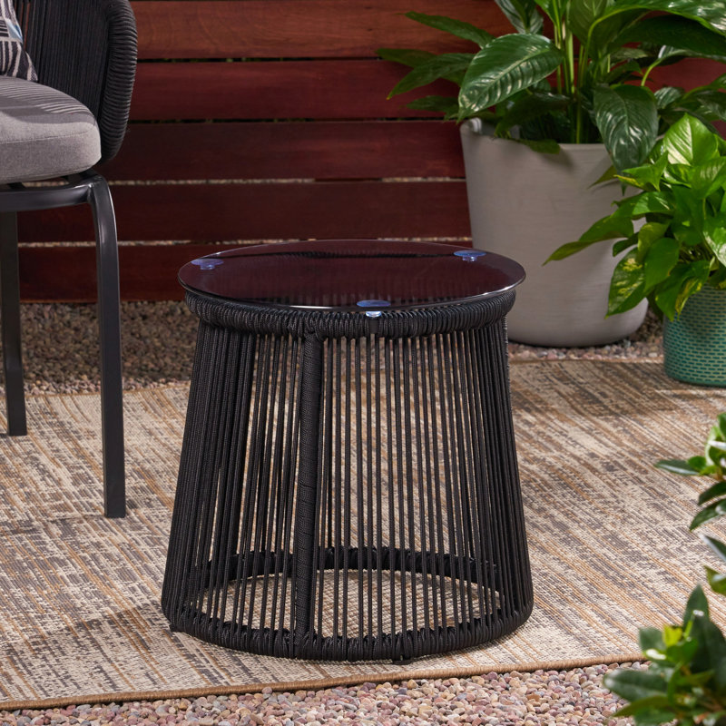 Table d'appoint haute 16,97 po avec corde tissée et plateau en verre trempé - l 15,27 po x P 15,27 po