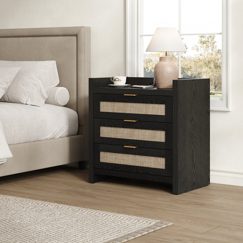 Ashvir Rattan 3-Drawer Nightstand With Built-In Outlets, Black