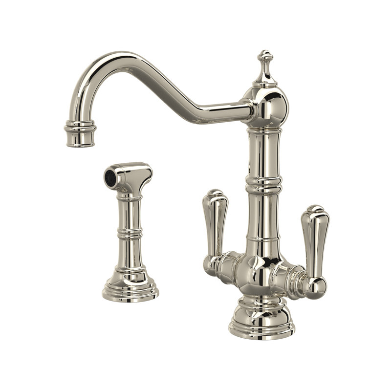 Edwardian Two Handle Kitchen Faucet With Side Spray, Polished Nickel