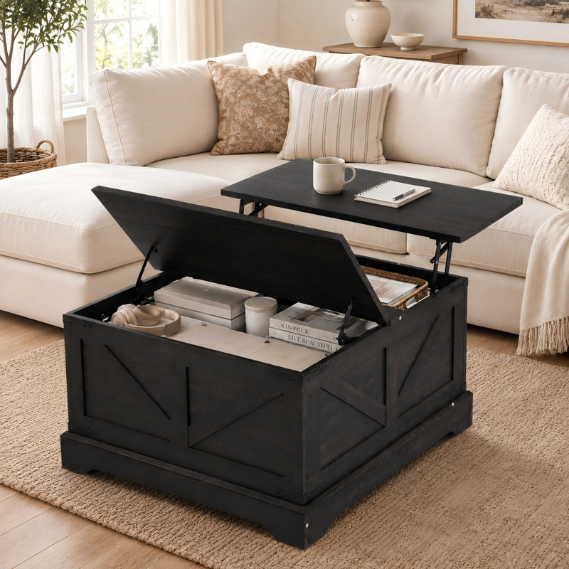 Table basse avec rangement dissimulé, table basse de style champêtre avec plateau relevable pour salon - Noir, Noir