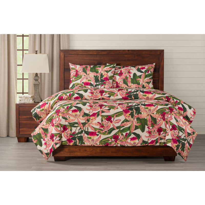 Pink Orchid Print Duvet Cover Set, Queen Duvet Cover + 2 Queen Shams