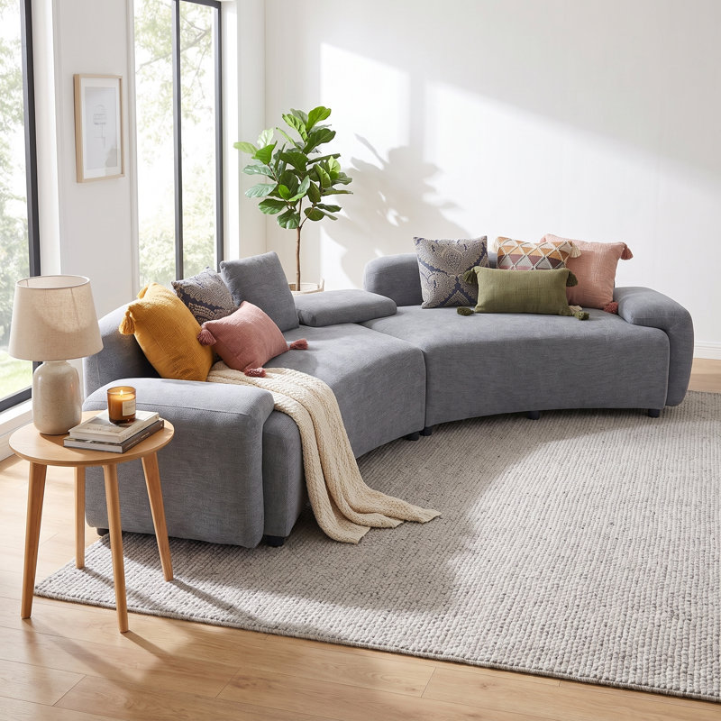 Canapé modulaire courbé gris 122 po avec 2 coussins à motif damassé, canapé demi-lune moderne et canapé 4 places contemporain pour salon, bureau et appartement