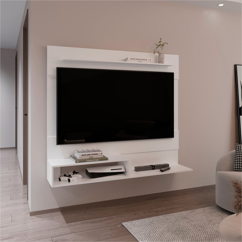 Meuble audio-vidéo Pékin, une tablette supérieure, deux tablettes, espace pour la télévision, blanc