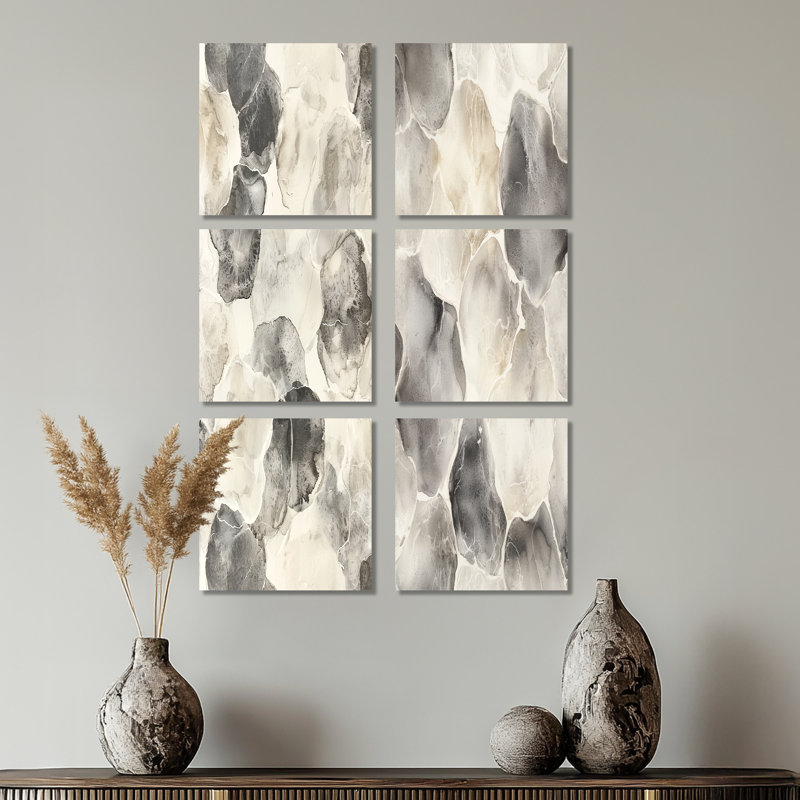 Gris, gris, cercles, paysage, formes abstraites, ensemble de 6 impressions sur toile, Toile tendue, Ne s’applique pas