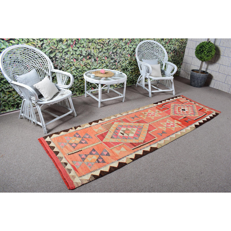 Tapis de chemin de fer turc vintage orange avec pampilles Herki, idéal pour les couloirs et les entrées