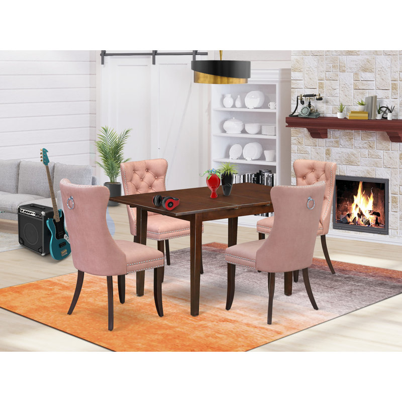 Ensemble de coin-repas 5 pièces comprenant une table de cuisine rectangulaire avec rallonge amovible et 4 chaises rembourrées, acajou