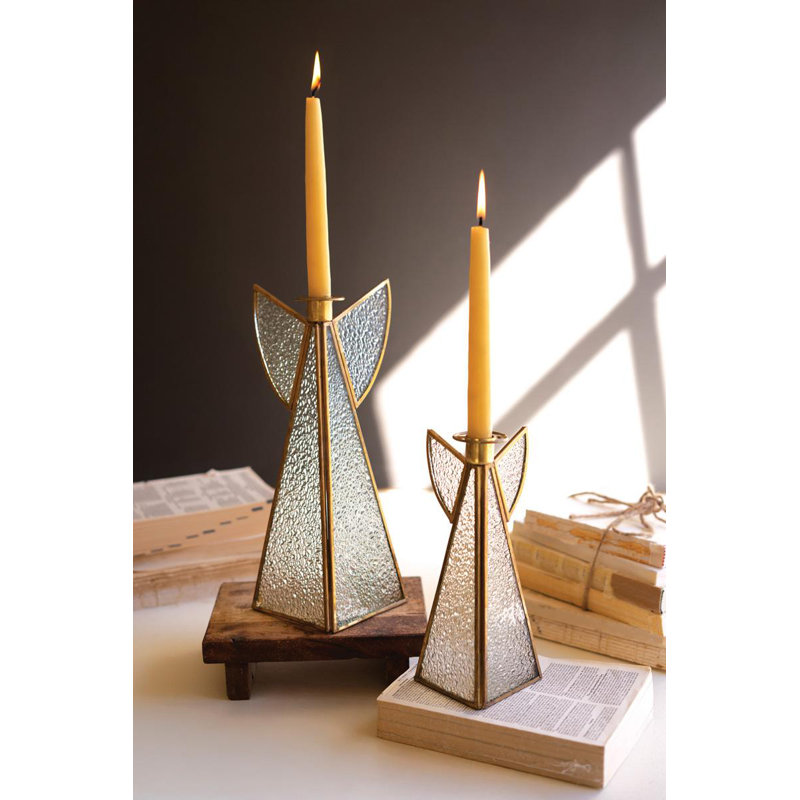  Ensemble de 2 porte-bougies ange en verre H 12 po