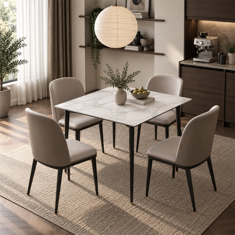Annagh Stone Top Metal Base Dining Table, 29.9"H x 31.5" L x 31.5" W, Gloss White