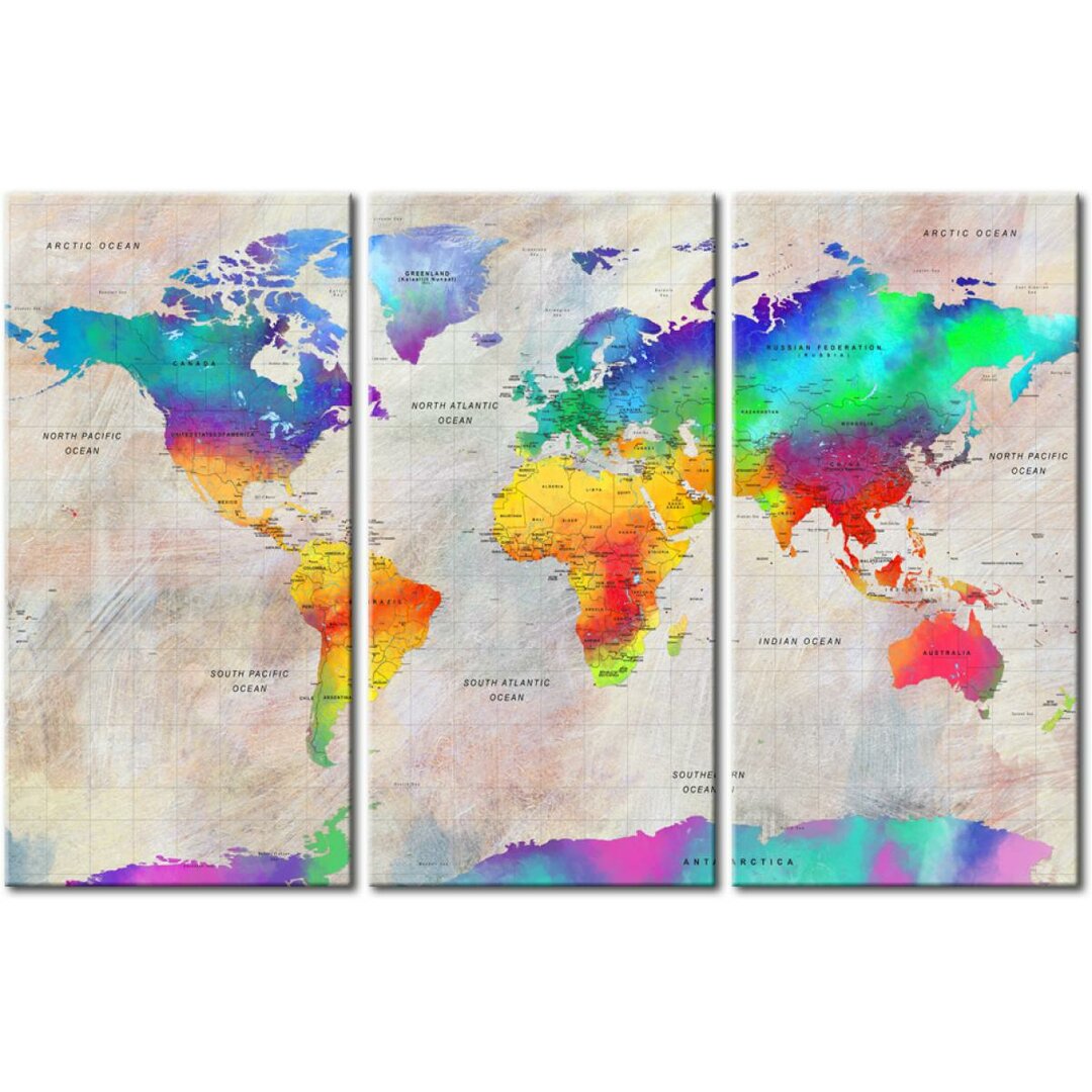 3-tlg. Leinwandbilder-Set World Map: Rainbow Gradient