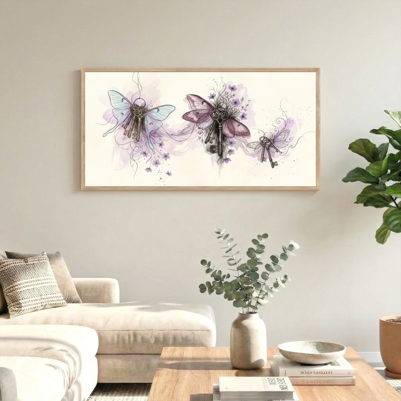 Ensemble de 1 tableau sur toile « Papillons clés », L 58 po x H 28 po, Naturel