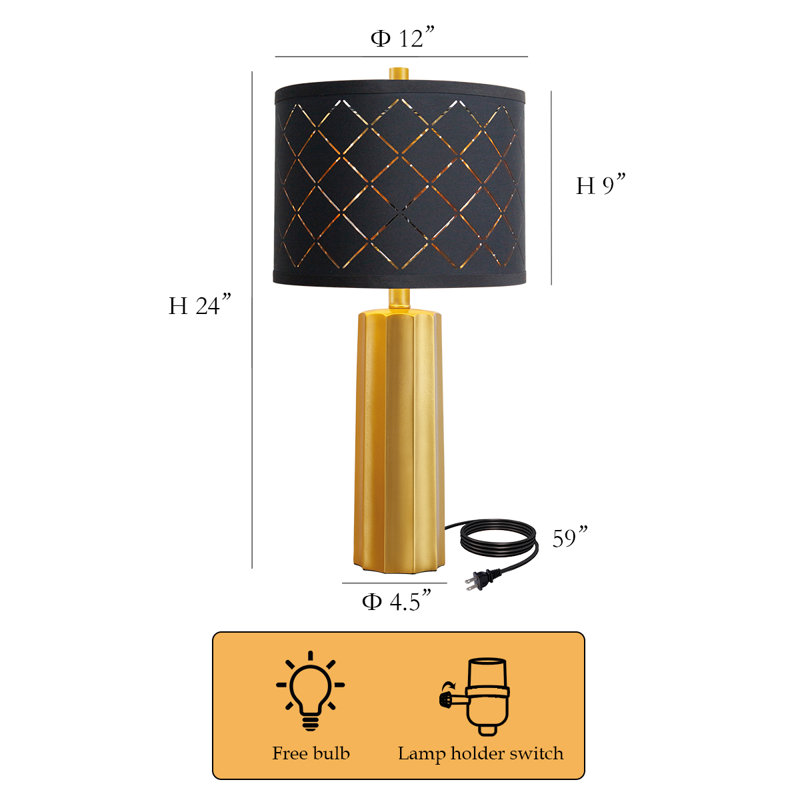 24” Golden Pillar Lamp Set With Black Grided Shade(Set Of 2)