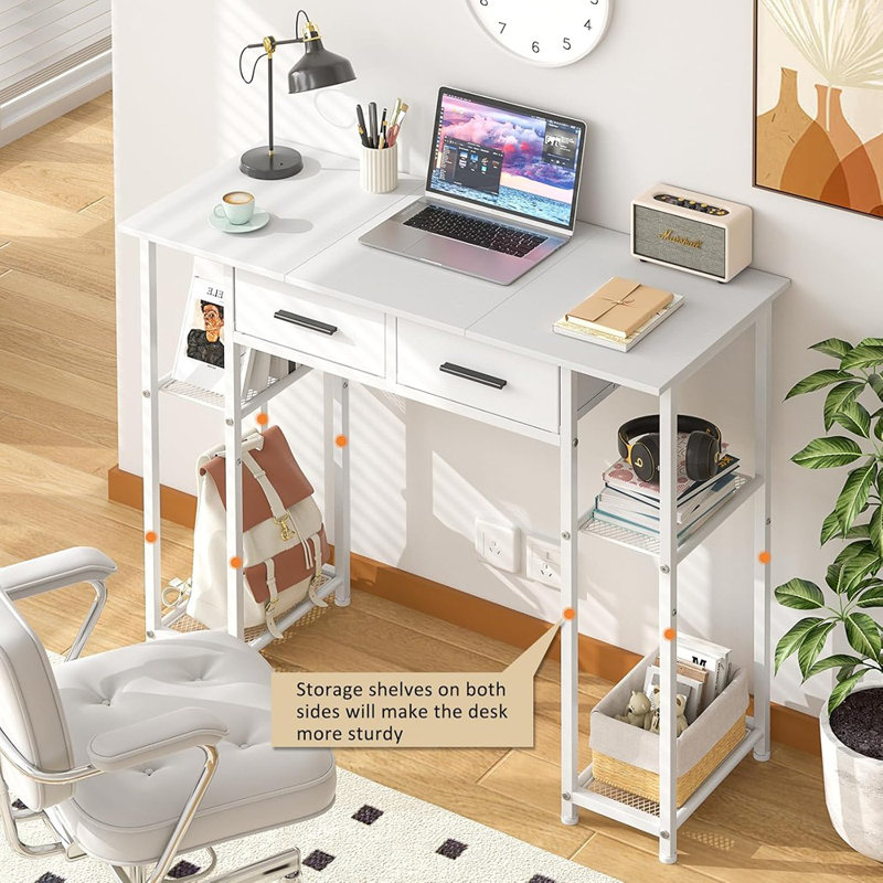 White Computer Desk With Drawers, 37.3 Inch Home Office Work Desk With Storage Shelf