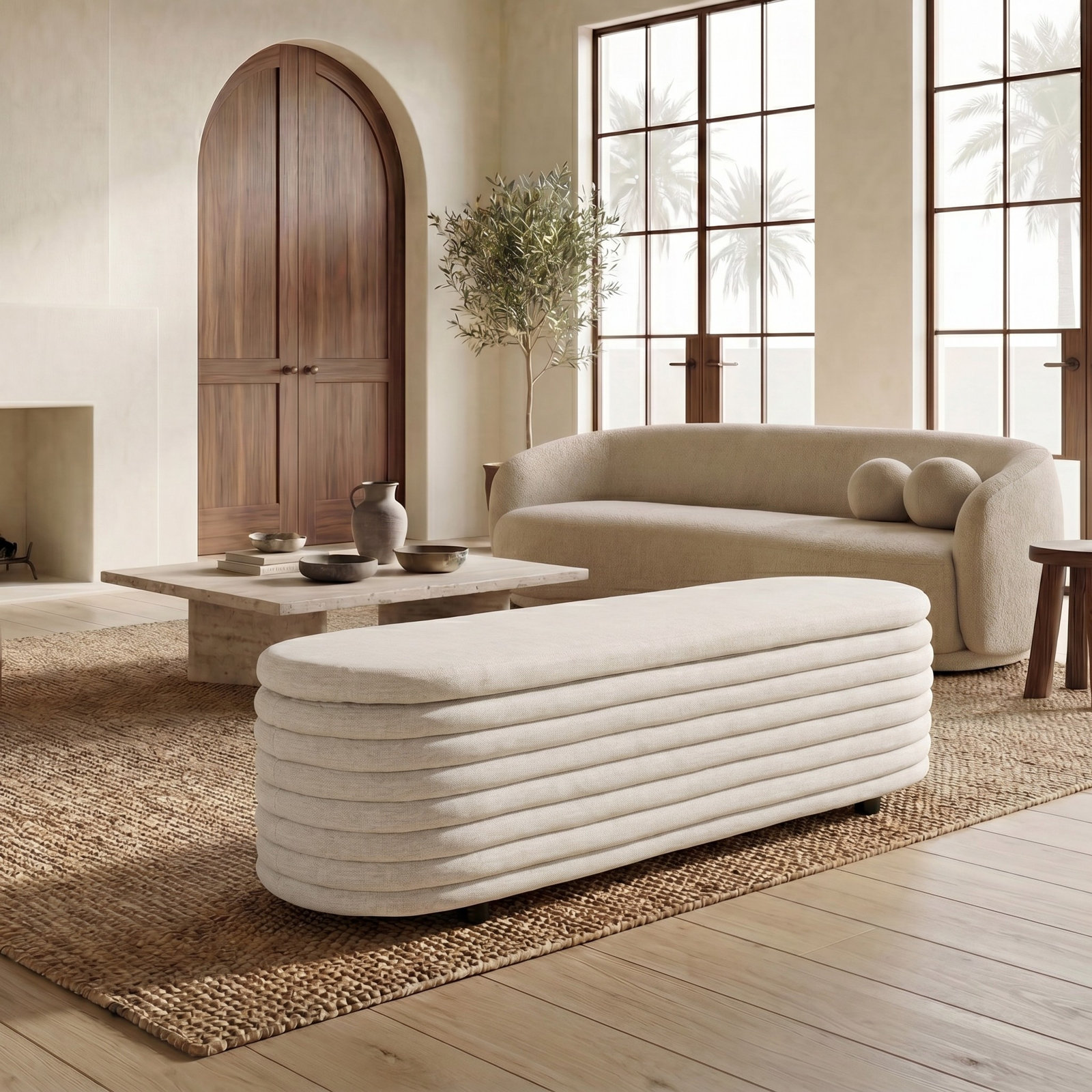 Delray 60" Linen Bedroom Bench, Taupe Linen Basketweave