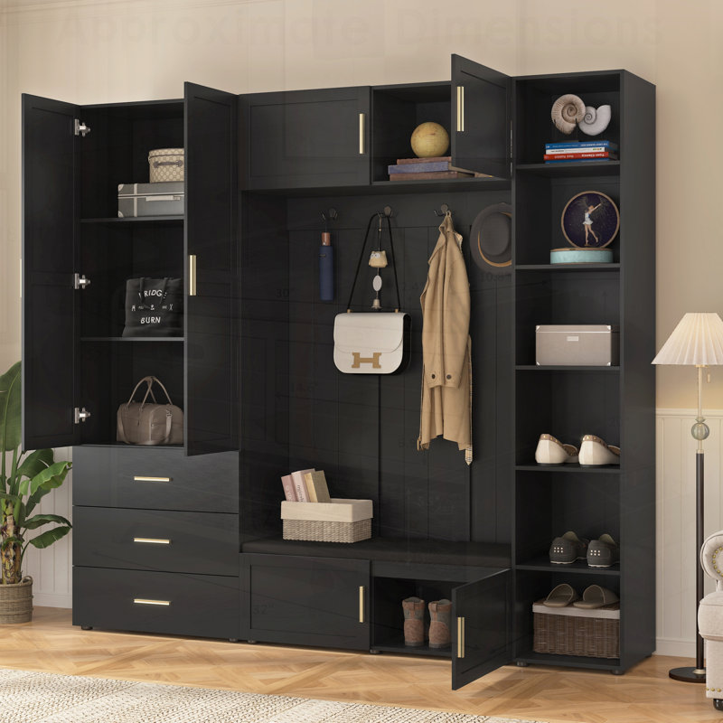 American Style 4-in-1 Hall Tree with Padded Bench, 4 Hooks, and Adjustable Storage Shelves for Entryway Organization