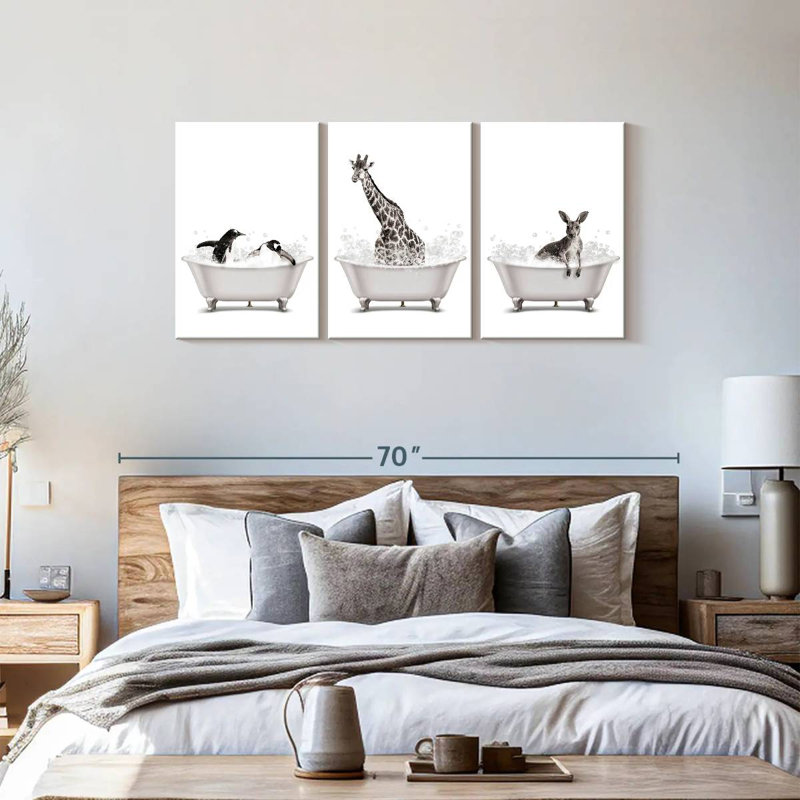 Baignoire, animaux, pingouin, girafe, kangourou, reproduction sur toile, H 27 po x l 56 po x P 1,25 po