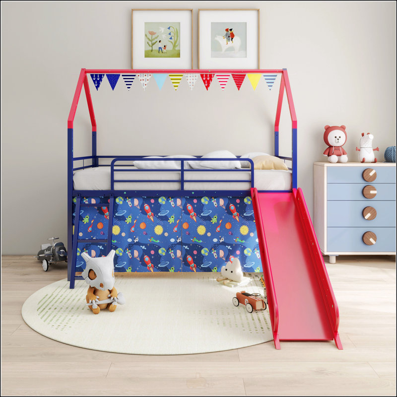 Twin Loft Bed With Slide And Curtain Set, Blue/Red
