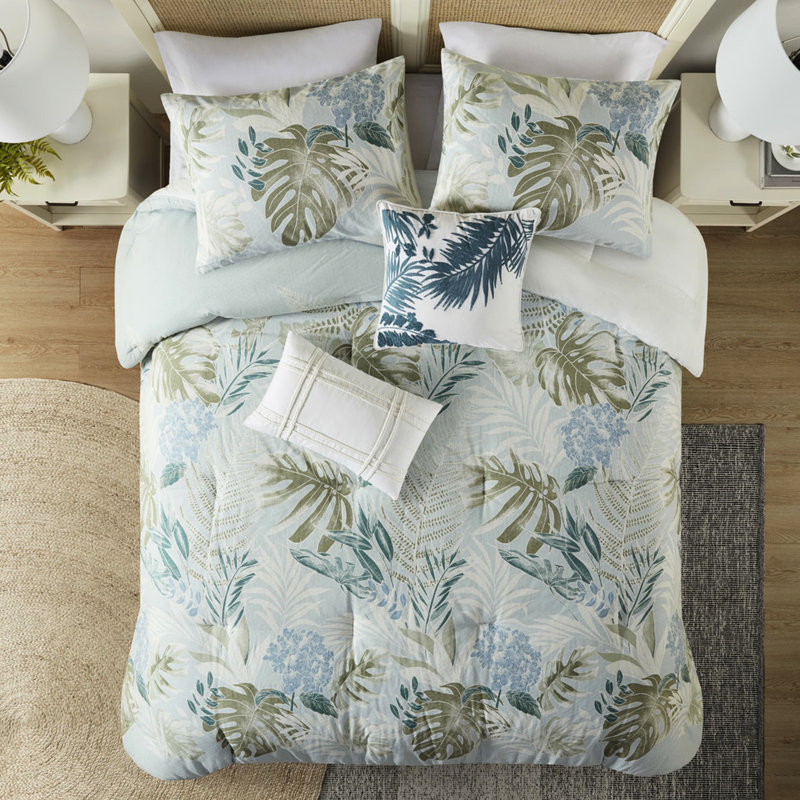 Édredon en coton avec coussin décoratif, très grand bleu, imprimé tropical, très grand lavable à la machine, 100% coton, superbe conception, housses de coussin amovibles