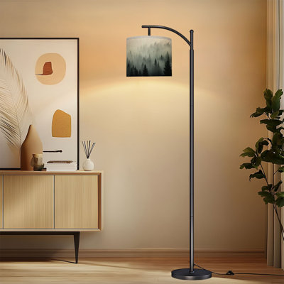 Lampe sur pied Arc Misty Pine Forest Landscape Evergreen Trees Soft Morning Brouillard avec lumière réglable et abat-jour réglable à 3 couleurs avec télécommande pour le salon