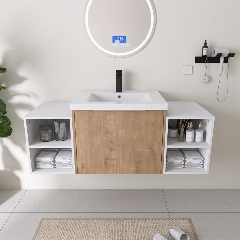 Ensemble de meuble-lavabo mural simple 48 po avec lavabo en résine Acorn et deux petites tablettes de rangement, Beige, 48