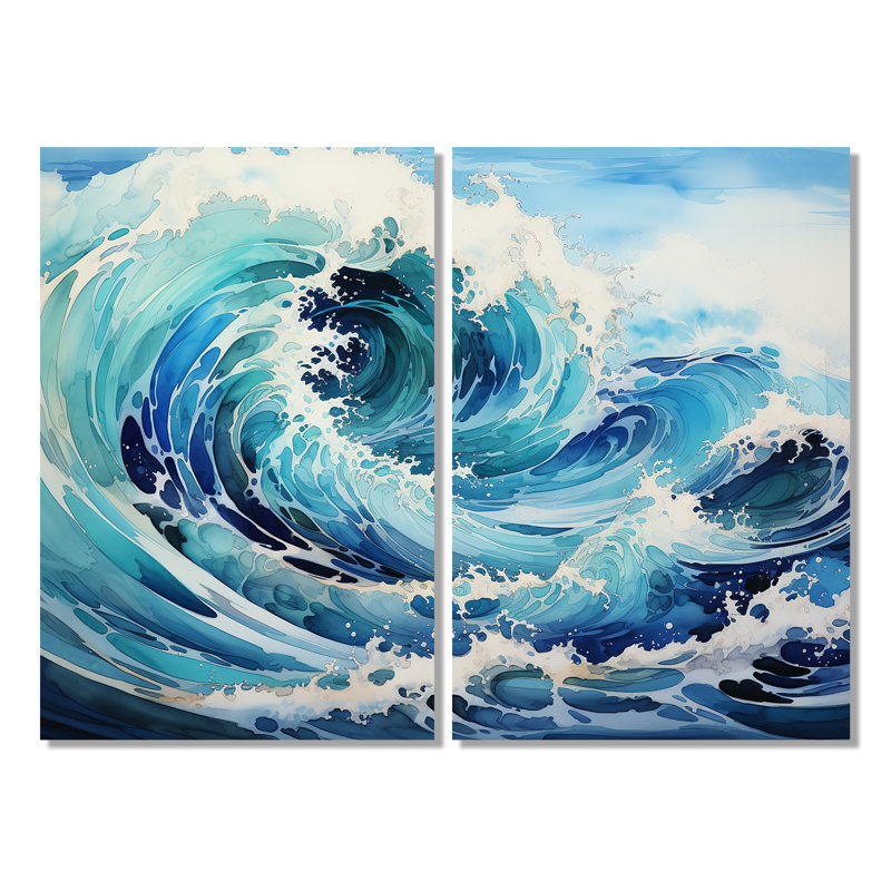 «Blue Wave Ocean Storm» - art mural nautique bleu, H 36 po x l 48 po, Toile tendue, Ne s’applique pas