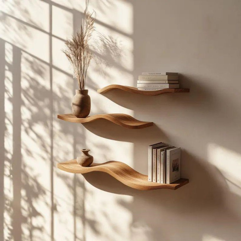 Tablettes murales flottantes ondulées en bois massif naturel, Naturel