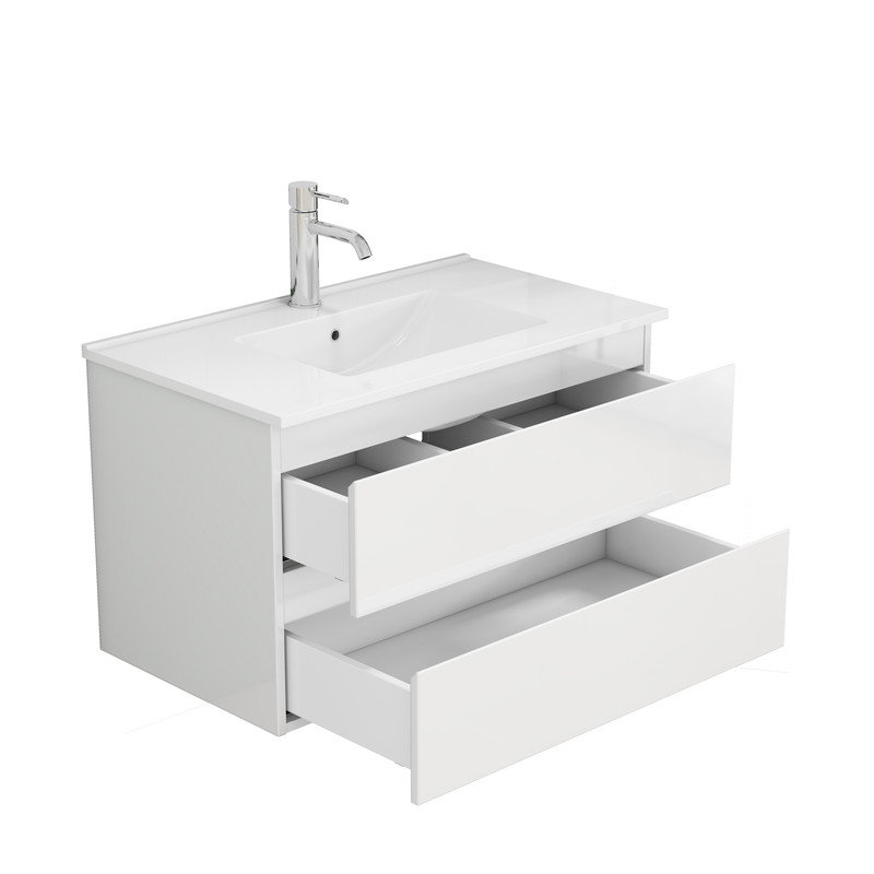 Meuble-lavabo 31,5 po avec lavabo et commode blanc brillant avec 2 tiroirs à fermeture en douceur