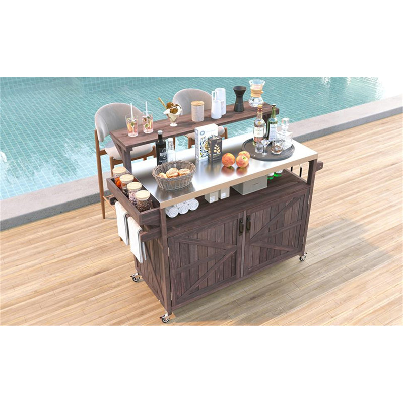53.3" Outdoor Kitchen Island With Raised Shelf, Solid Wood Storage Cabinet With Stainless Steel Top, Outdoor Rolling Grill Cart With Internal Storage Rack, Adjustable Shelf, Spice Rack