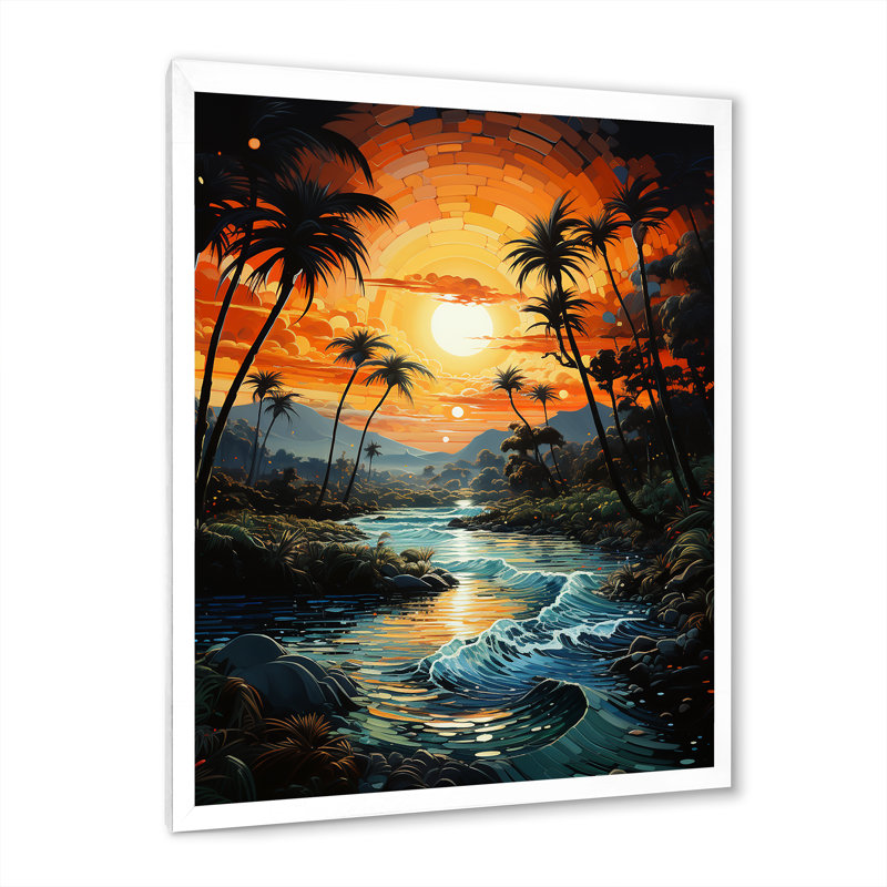 «Saudres Palm Trees Sunrise IV», reproduction sur toile, H 32 po x l 16 po x P 1 po, Cadre photo blanc