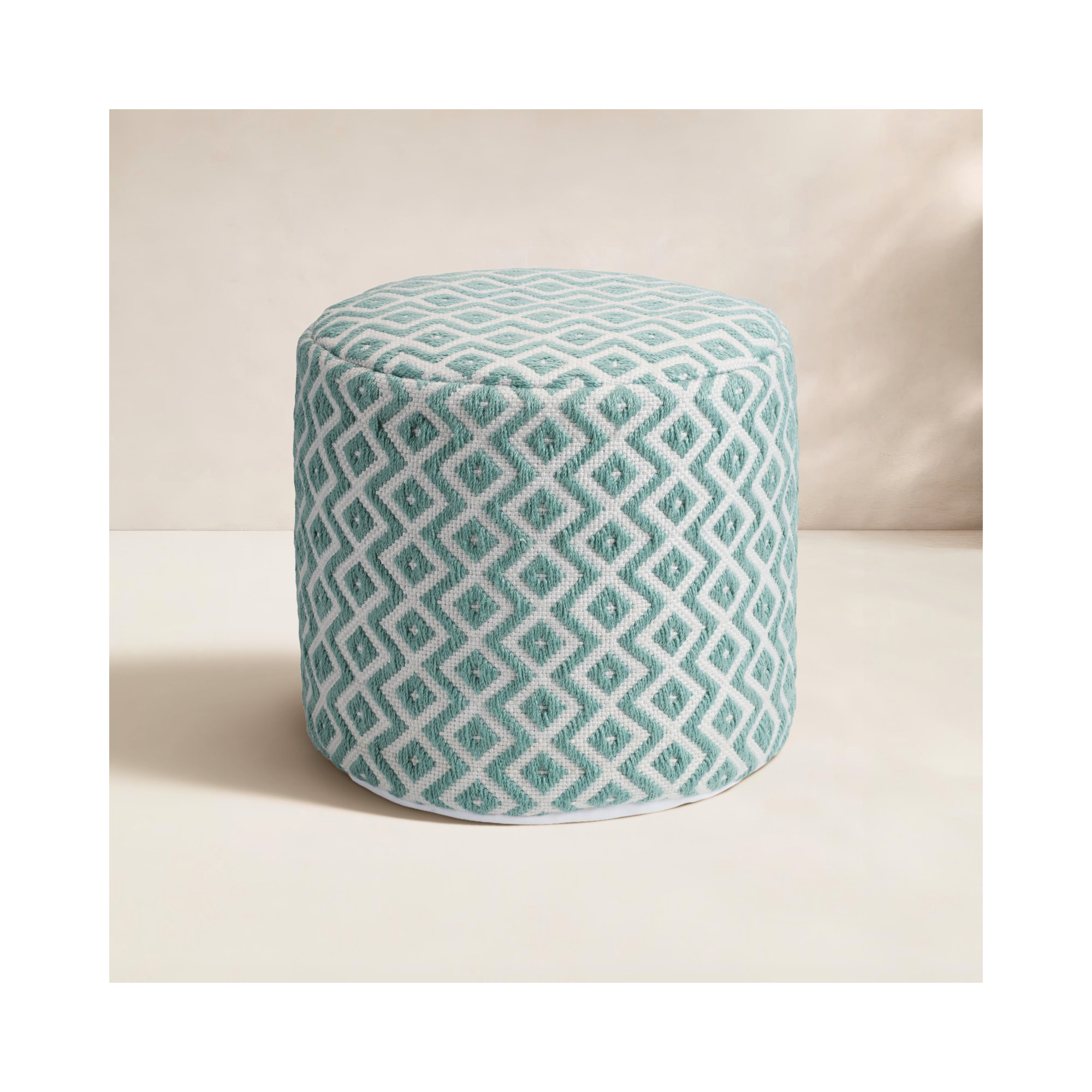 Destina Round Upholstered Outdoor Ottoman, Teal/Ivory Polyester