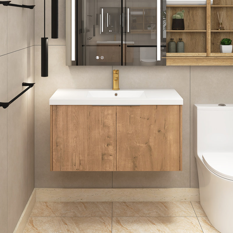 Meuble-lavabo simple 35,4 po avec plateau en résine Andelka, Imitation chêne