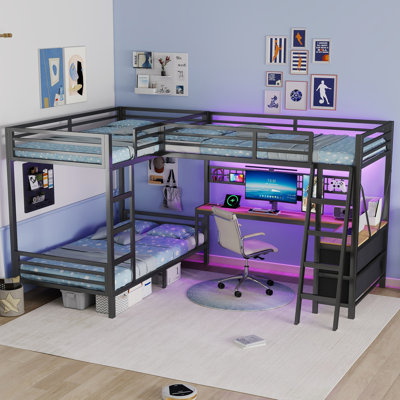 Lit superposé triple en métal en forme de L, 2 lits simples, bureau, 5 tiroirs, station de recharge, lumière DEL, noir