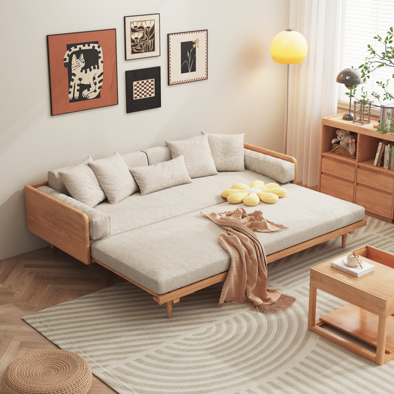 Grimpante 82.7'' Beige Cotton Linen Sofa Bed,Upholstered Sleeper with Solid Wood Legs, Beige Linen Blend, Burly Wood