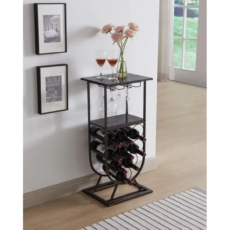 Support à vin autoportant avec porte-verres, console de rangement pour 9 bouteilles de vin pour la cuisine, la salle à manger ou le bar personnel